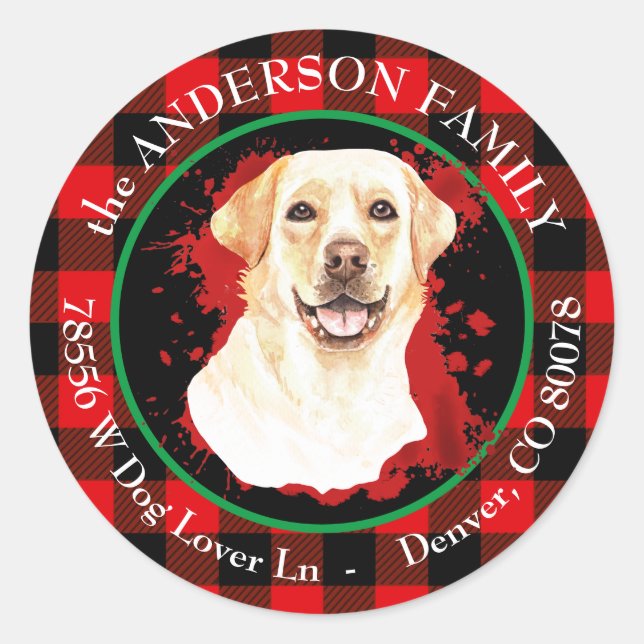 Buffalo Plaid Yellow Lab Return Address Classic Round Sticker (Front)