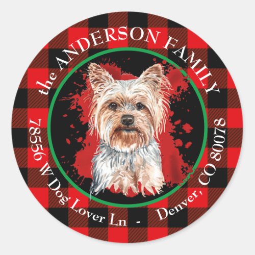 Buffalo Plaid Yorkshire Terrier Return Address Classic Round Sticker