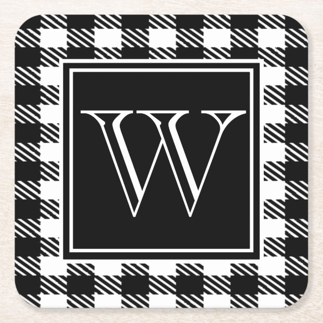 Buffalo Plaid Your Color & Monogram Square Paper Coaster (Front)