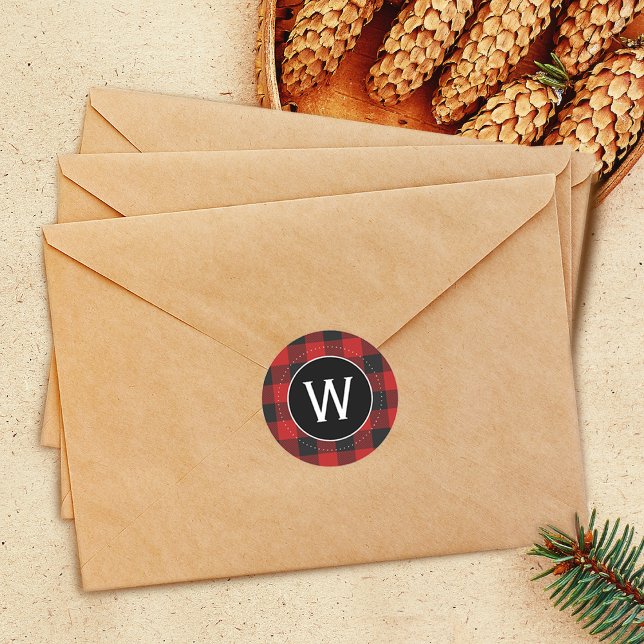 Buffalo Red and Black Plaid Monogram Classic Round Sticker (Buffalo Red and Black Plaid Monogram Classic Round Sticker)