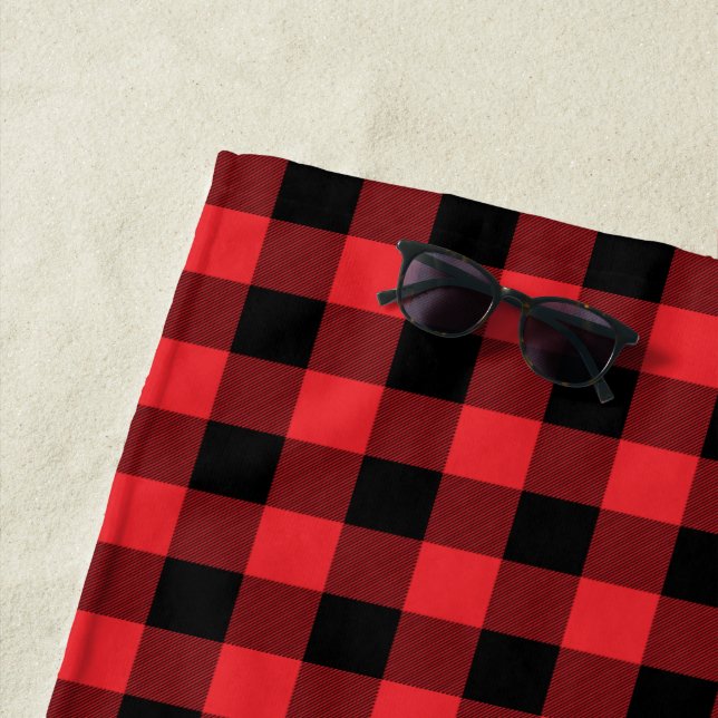Buffalo Red Black Plaid Check Beach Towel (In Situ)