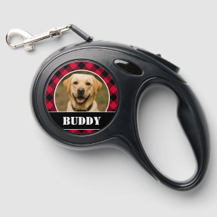 Buffalo Red Black Plaid Pattern Name Photo Dog Retractable Pet Leash