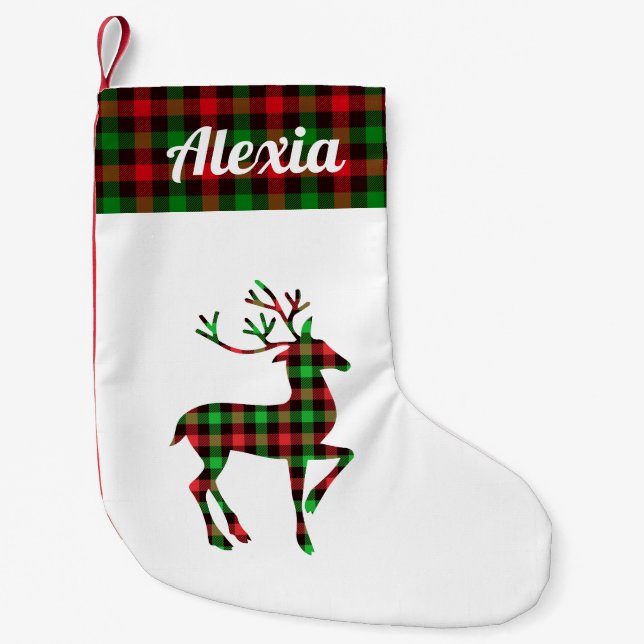 buffalo red green plaid reindeer personalized name small christmas stocking (Front)
