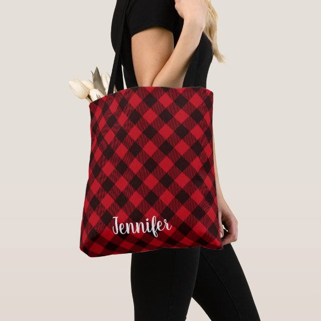Buffalo Red Plaid and Black Winter Christmas Tote Bag (Close Up)