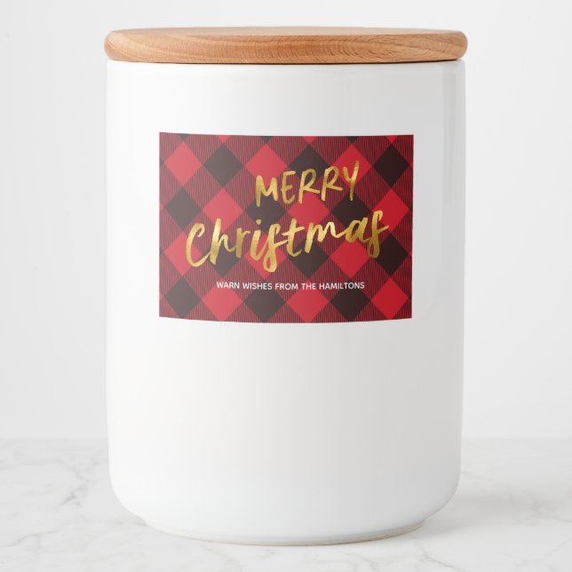 Buffalo Red Plaid and Gold Foil Script Christmas Food Label (Front)