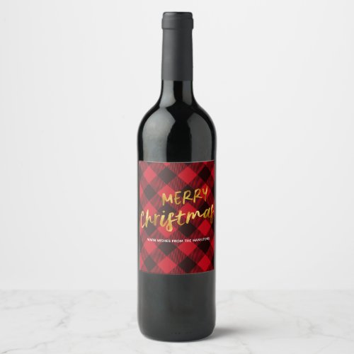 Buffalo Red Plaid and Gold Foil Script Christmas Wine Label