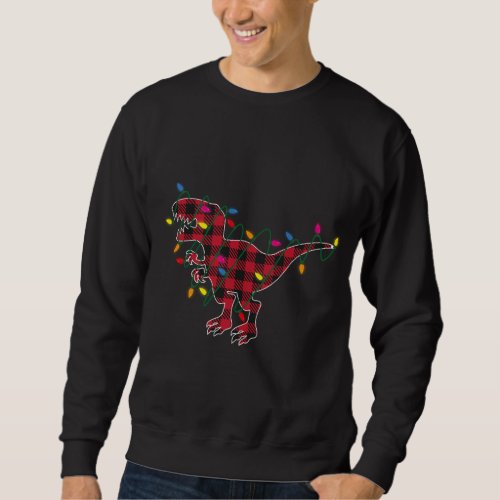 Buffalo Red Plaid Dinosaur T Rex Christmas Lights Sweatshirt