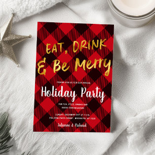 Buffalo Red Plaid Gold Foil Christmas Party Invitation