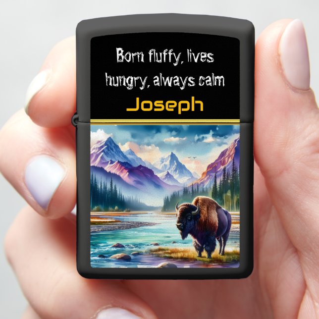 Buffalo Roaming Near a Mountain River at Sunset Zippo Lighter (In Hand)