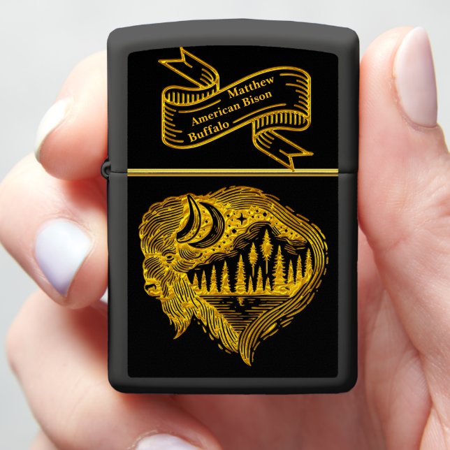Buffalo Silhouette With Mountains Design Zippo Lighter (In Hand)