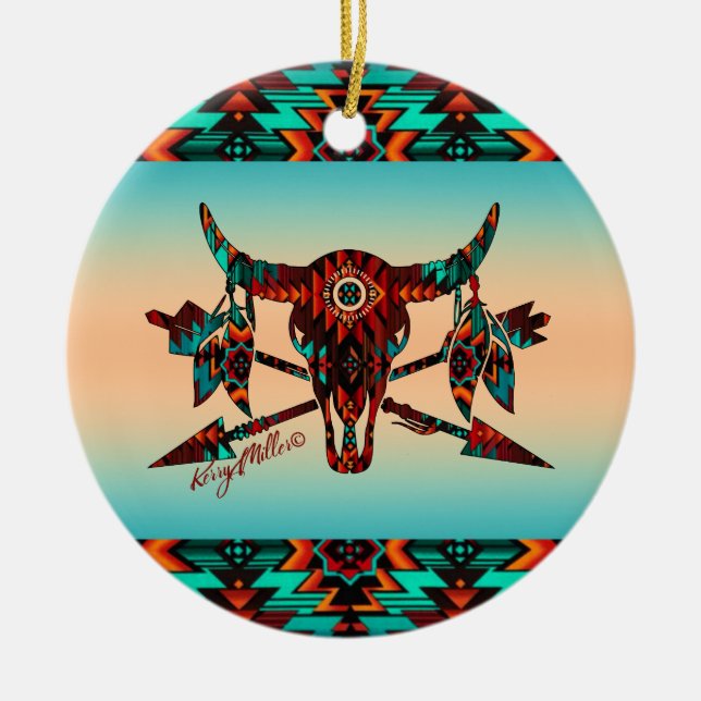 Buffalo Skull And Arrows Ceramic Ornament (Front)