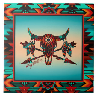Buffalo Skull And Arrows Ceramic Tile