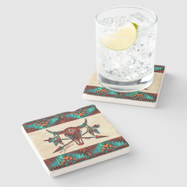 Buffalo Skull And Arrows Stone Coaster (Side)