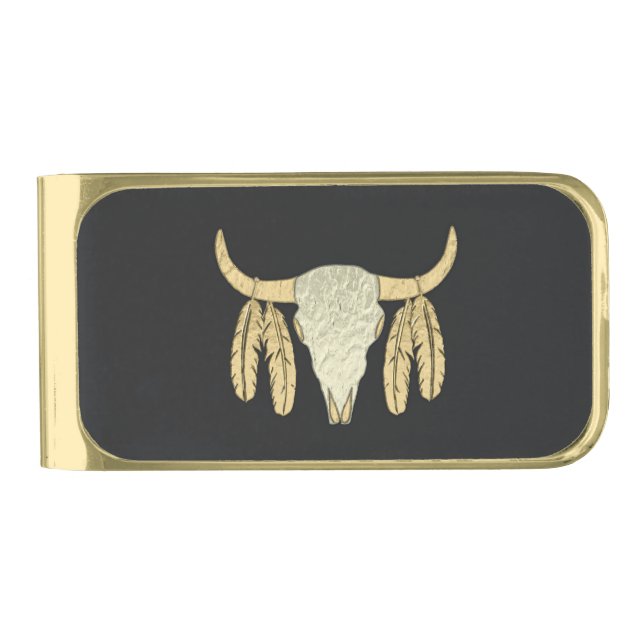 Buffalo Skull Gold Finish Money Clip (Front)