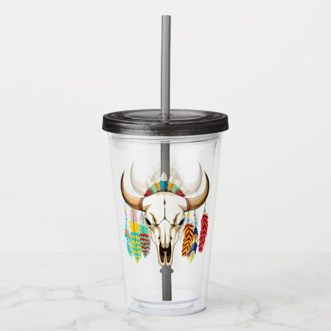 Buffalo Skull Native American Emblem Acrylic Tumbler (Front)