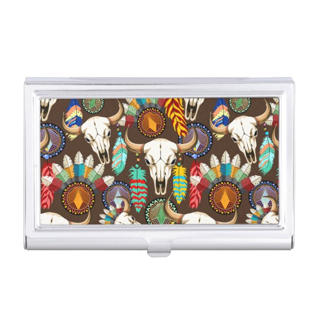 Buffalo Skull Native American Emblem Business Card Case (Front)