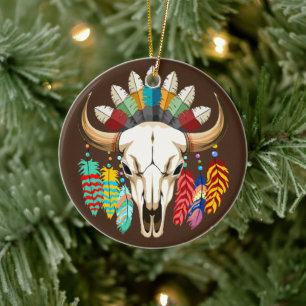 Buffalo Skull Native American Emblem Ceramic Ornament