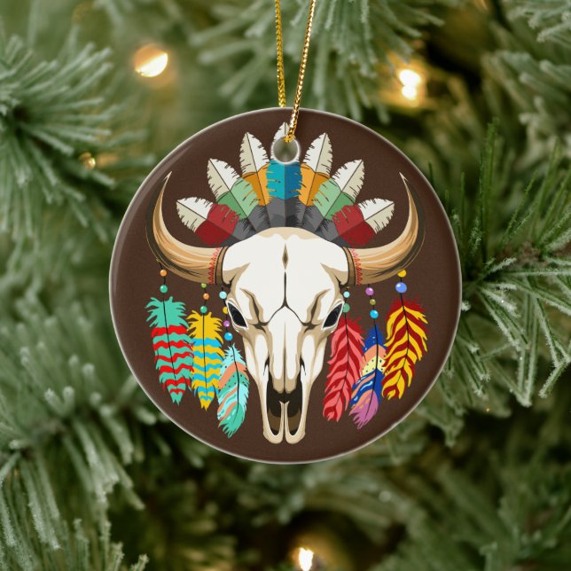 Buffalo Skull Native American Emblem Ceramic Ornament (Tree)
