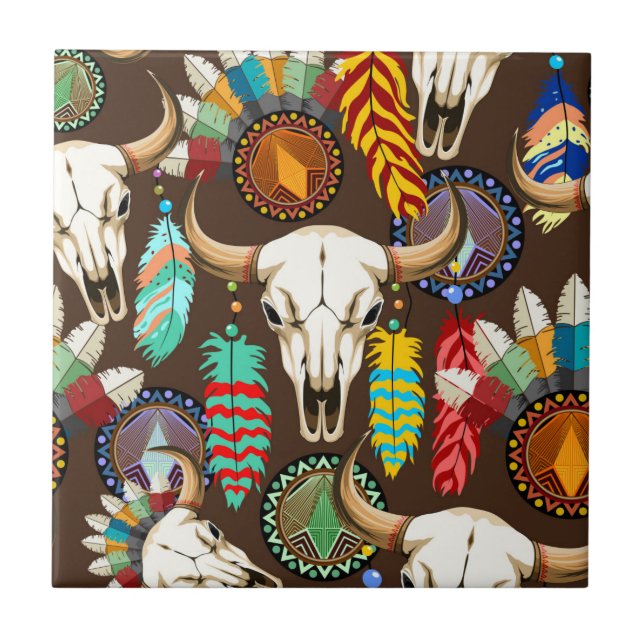 Buffalo Skull Native American Emblem Ceramic Tile (Front)
