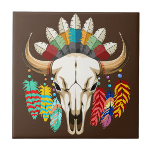 Buffalo Skull Native American Emblem Ceramic Tile