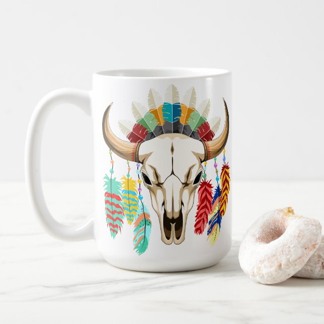 Buffalo Skull Native American Emblem Coffee Mug (With Donut)