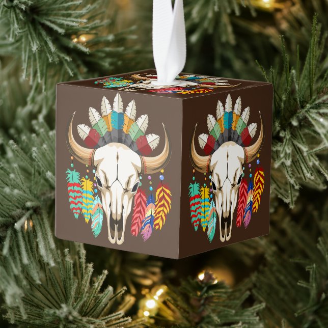 Buffalo Skull Native American Emblem Cube Ornament (Tree)
