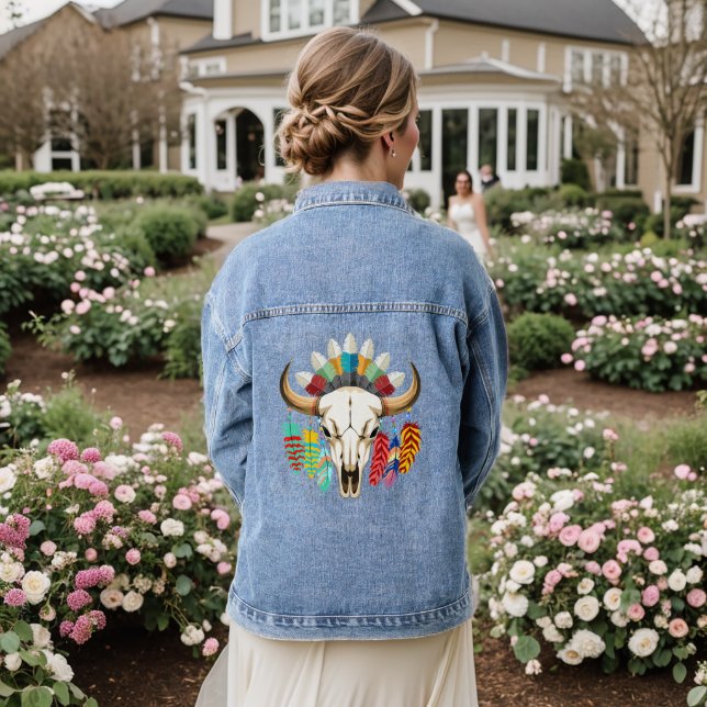 Buffalo Skull Native American Emblem Denim Jacket (Wedding Back)