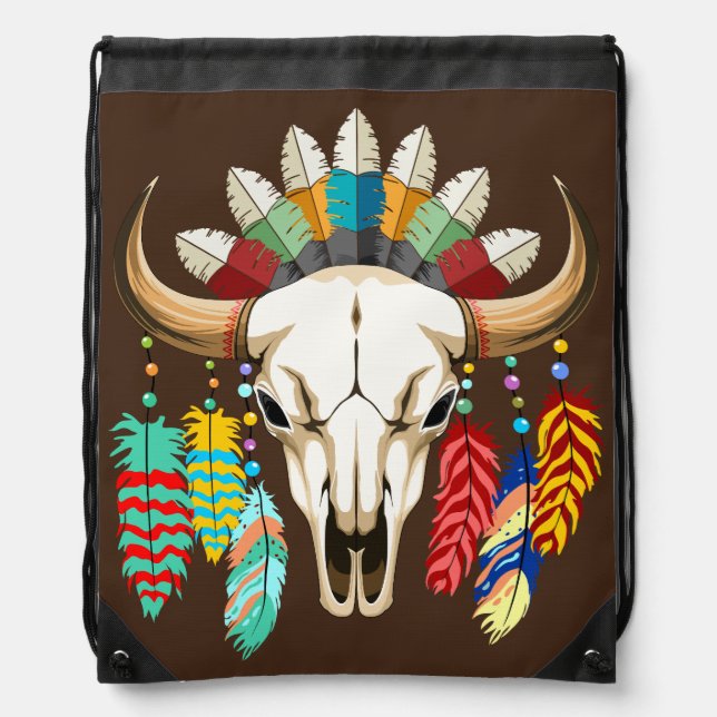 Buffalo Skull Native American Emblem Drawstring Bag (Front)