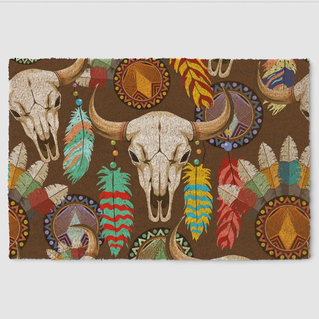 Buffalo Skull Native American Emblem Fiber Doormat (Front)
