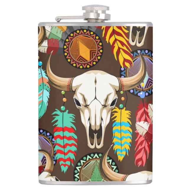 Buffalo Skull Native American Emblem Flask (Front)