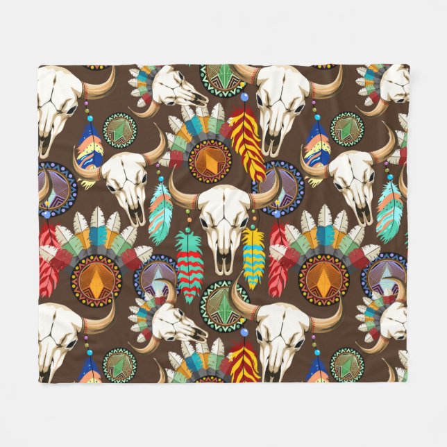 Buffalo Skull Native American Emblem Fleece Blanket (Front (Horizontal))