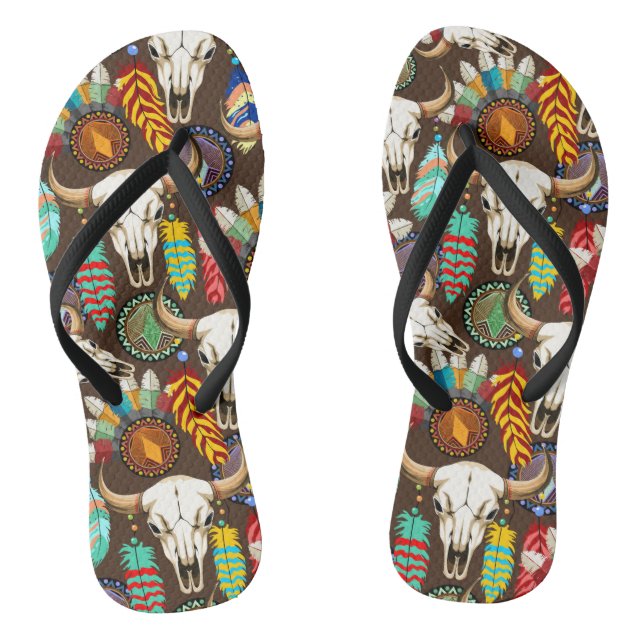 Buffalo Skull Native American Emblem Flip Flops (Footbed)