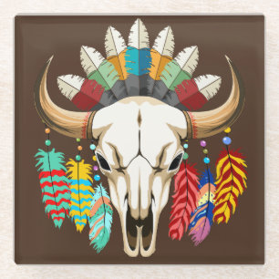 Buffalo Skull Native American Emblem Glass Coaster