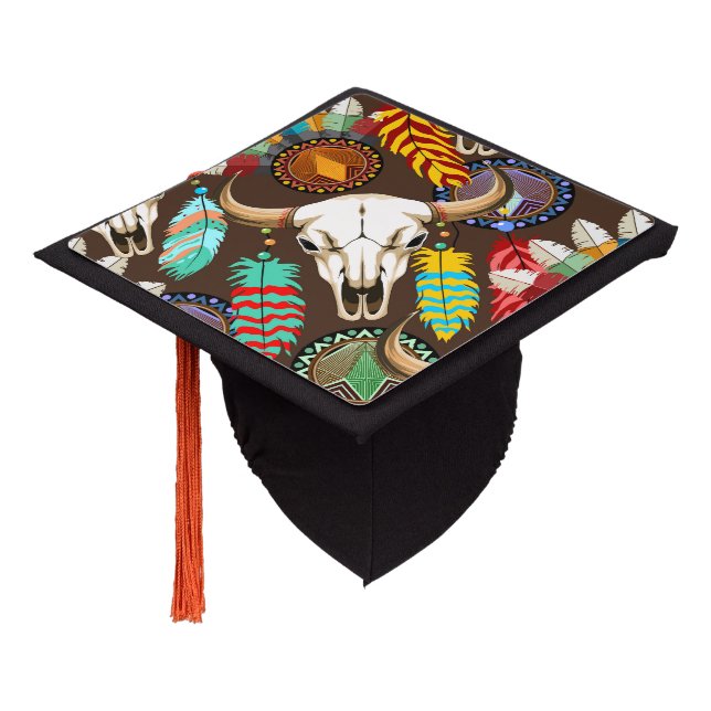 Buffalo Skull Native American Emblem Graduation Cap Topper (Angled)