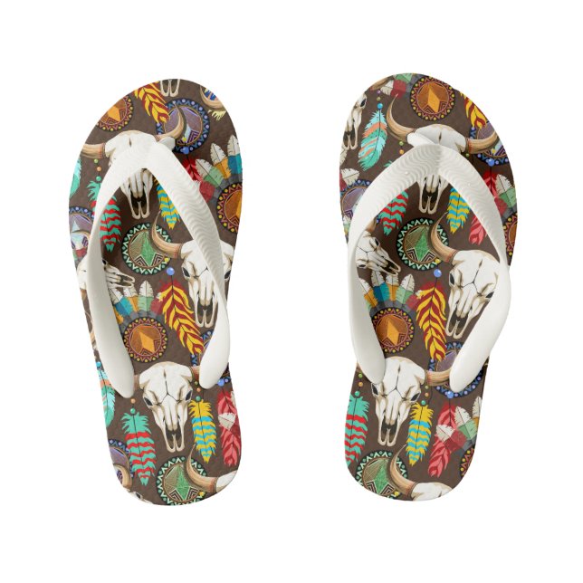 Buffalo Skull Native American Emblem Kid's Flip Flops (Footbed)