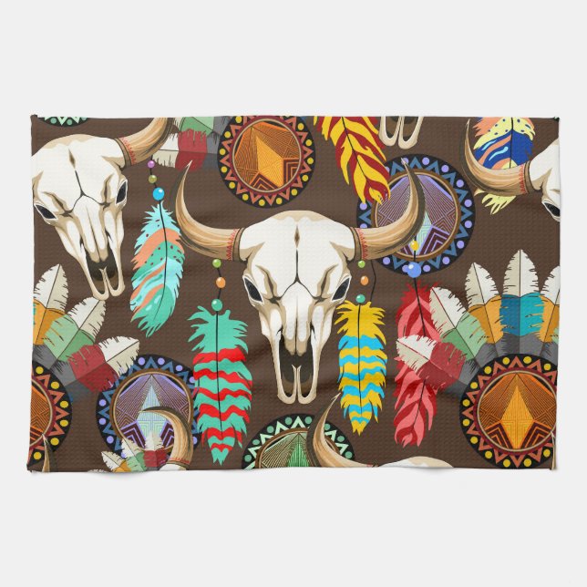 Buffalo Skull Native American Emblem Kitchen Towel (Horizontal)