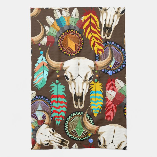 Buffalo Skull Native American Emblem Kitchen Towel (Vertical)