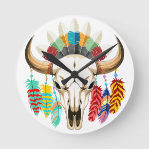 Buffalo Skull Native American Emblem Round Clock