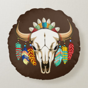 Buffalo Skull Native American Emblem Round Pillow