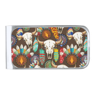 Buffalo Skull Native American Emblem Silver Finish Money Clip