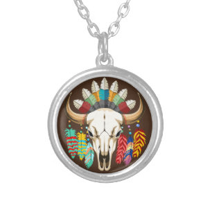 Buffalo Skull Native American Emblem Silver Plated Necklace