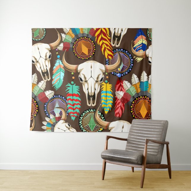 Buffalo Skull Native American Emblem Tapestry (In Situ (Horizontal))