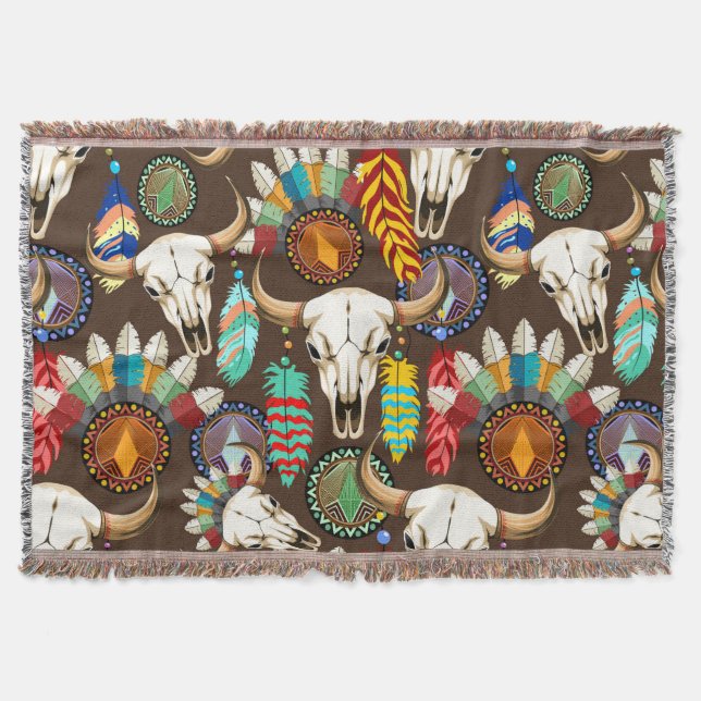 Buffalo Skull Native American Emblem Throw Blanket (Front)