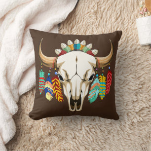 Buffalo Skull Native American Emblem Throw Pillow