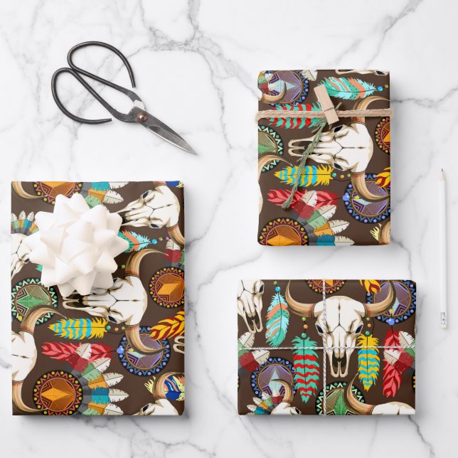 Buffalo Skull Native American Emblem Wrapping Paper Sheets (Front)