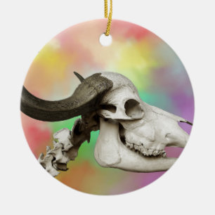 Buffalo Skull on a Watercolor Background Ceramic Ornament