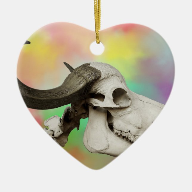 Buffalo Skull on a Watercolor Background Ceramic Ornament (Front)