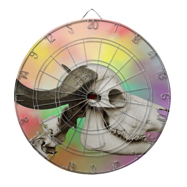 Buffalo Skull on a Watercolor Background Dartboard With Darts (Front)