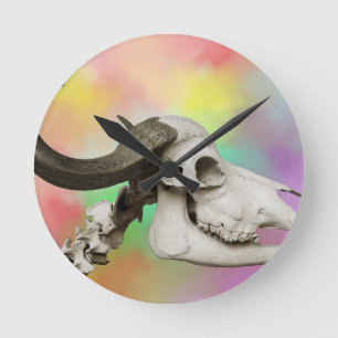 Buffalo Skull on a Watercolor Background Round Clock