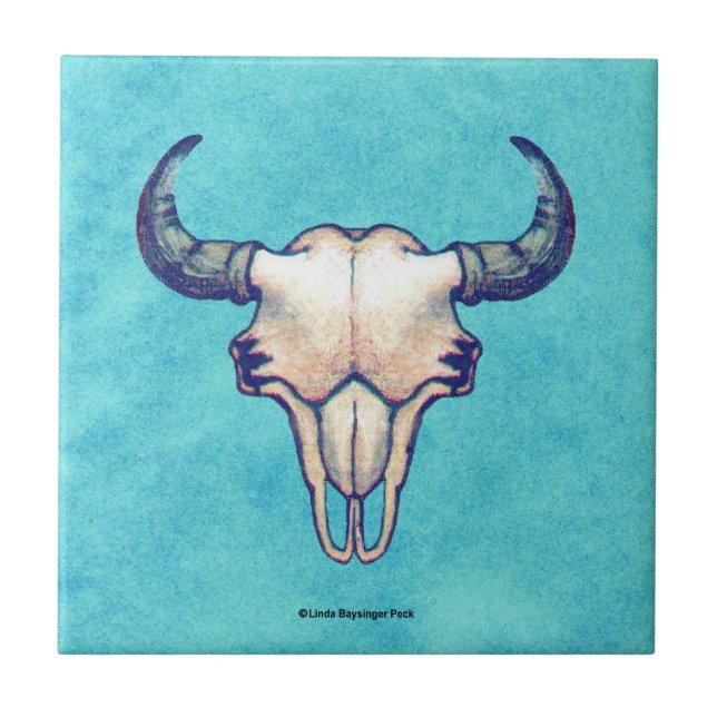 Buffalo Skull Turquoise Faux Parchment Ceramic Tile (Front)